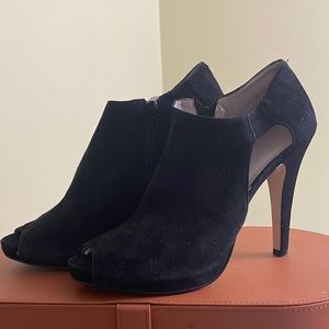 Nine west, black suede, open toe booties, size 8.5